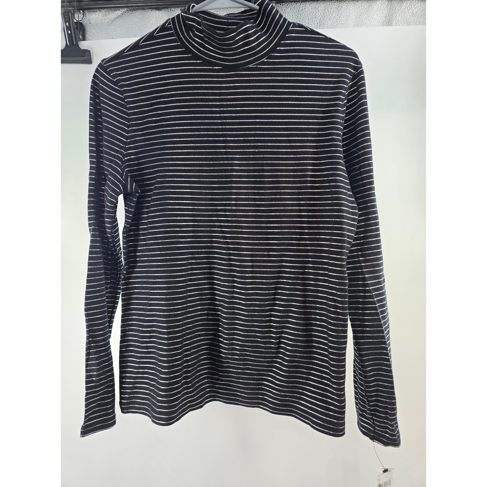 Studio Works Womens Black Silver Metallic Striped Turtleneck‎ Cotton Top S NEW